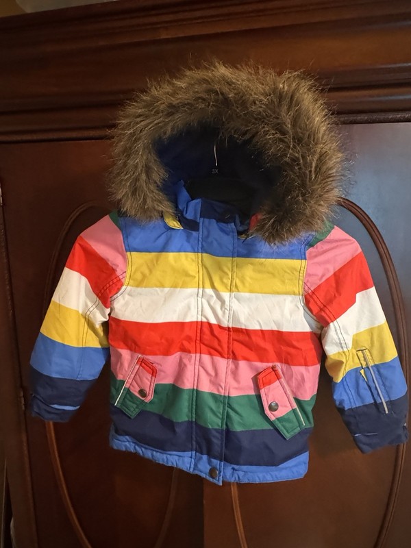 Mini Boden All Weather Jacket Coat 5/6 Girls Striped Rainbow Snow Winter Hooded