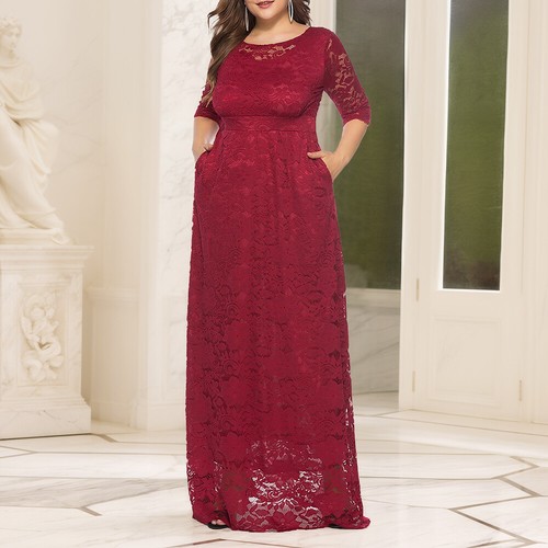 Women Lace Elegant Half Sleeve Party Gowns Solid Pullover A-Line Long Maxi Dress - Picture 17 of 28