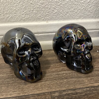 Ceramic Skull Decorative Decor Grey Black Opalescent Glossy 3  Tall Halloween