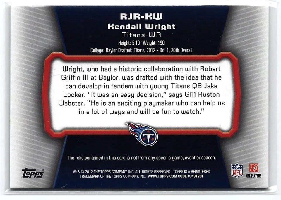 2012 Topps Rookie Relic Jumbos #RJR-KW Kendall Wright Rookie Jersey Tennessee - Image 2 of 2