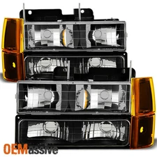 Fit 1994-99 GMC C/K Pickup Suburban Sierra Black Headlights+Bumper+Corner Lights