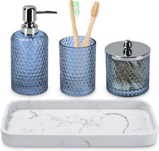 Bathroom Accessories Set,4 Pcs Blue Glass Bathroom Accessories Sets-Lotion Soap