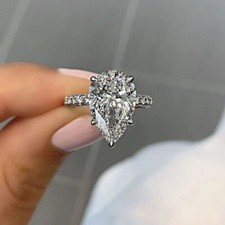 3Ct Pear Cut Lab Created Diamond Solitaire Engagement Ring 14k White Gold Plated
