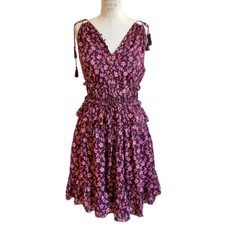 [New] Boho Burgundy Floral Tassel Tie Straps Short Dress Size S/M