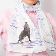 Wolf Hand Painted Scarf White Silk Cotton Scarf Wolf Gifts Swirl Print Mom Gift