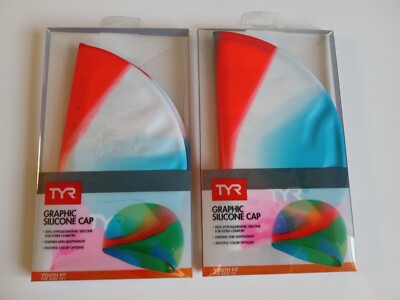 Lot of 2 TYR GRAPHIC SILICONE SWIM CAP Wrinkle Free Youth Size (Age 10+) NEW