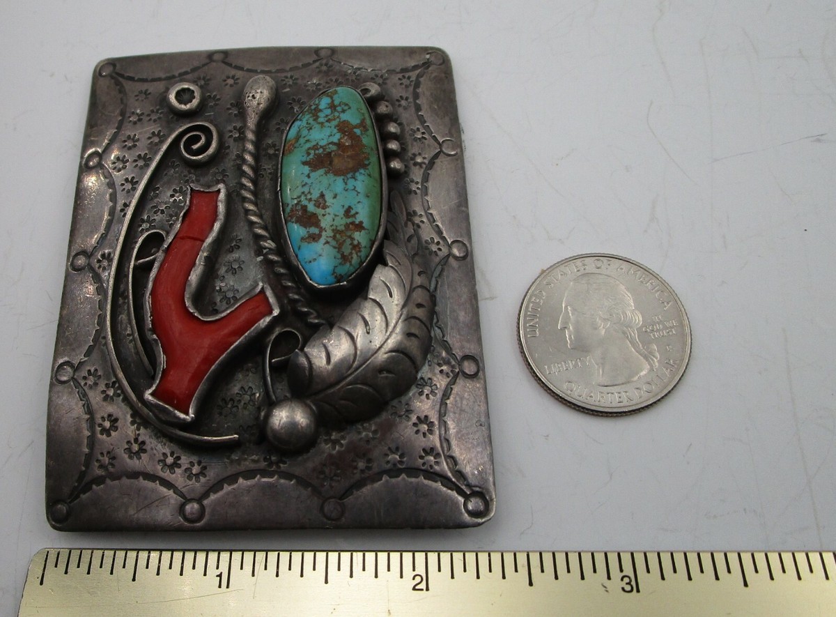 Phil Chapo Belt Buckle Turquoise Native American Navajo Vintage Phil Chapo Navajo sterling silver 3 stone turquoise  main image 3