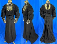 Victorian Black Silk Lace Velvet Gold Trim Leg o Mutton Sleeve Bodice Wool Skirt