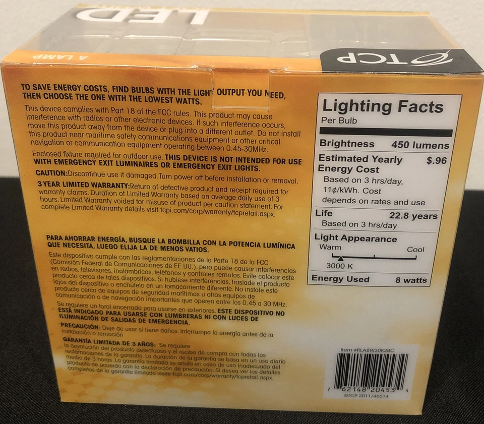 TCP LED 8W (40W Equal) Soft White A Lamp Dimmable Light Bulb RLA8W30K2BC. 2-PACK - Image 2 of 2