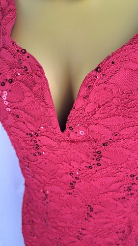 QUIZ Elegant Lace Sequin Red Evening Dress Maxi, Cocktail Cruise, Prom, UK16 - Picture 7 of 11