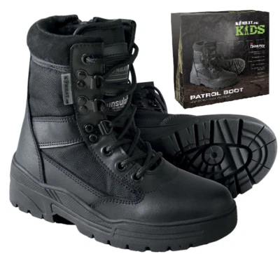 KombatUK Kids Half Leather Thinsulate Quick Side Zip Patrol Boot Boots in Black