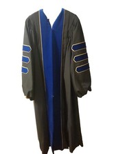 Deluxe Black Doctoral Regalia Gown Blue Velvet Panels, Gold Piping Size 63 XLG