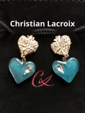 Christian Lacroix Earrings Gold Blue Heart Vintage Women's without Box Good