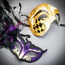 Venetian Phantom Half Face  Purple Glitter Peacock Feather Eye Couple Mask
