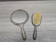 Vintage Ornate Silver Tone Vanity Hand Mirror Hair Brush Set Floral Repousse