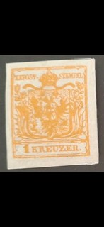 1850 ANK 1 HP I a orange 1 Kreuzer Plattenfehler großer weißer Fleck links