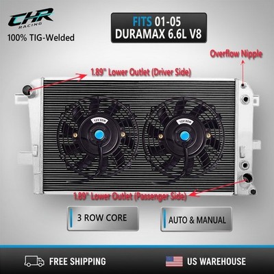 3 Row Radiator + Dual 14'' Fan For 01-05 Chevy GMC Silverado 2500HD 6.6L Duramax