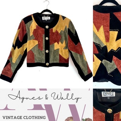 True Vintage Dino z Patchwork Wildleder Lederjacke Gr. 12 80er Jahre Mehrfarbig