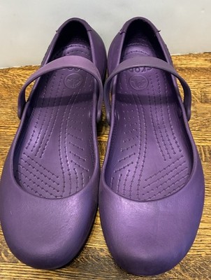 Crocs Mary Jane Shoes Womens Size 12 Purple Rubber Flats Strap Comfort Casual