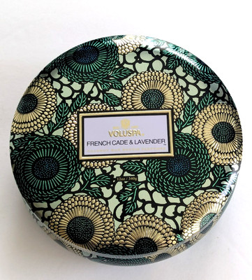 Anthropology Voluspa French Cade Lavender Scented Candle 3 Wick Metal Case 12oz