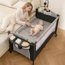 Pack and Play 5 in 1 Baby Bedside Sleeper with Bassinet Diaper Changer Mattress