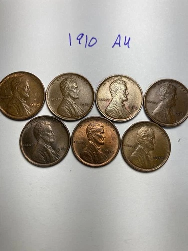 1910 (P) LINCOLN WHEAT CENT, NICE AU, ALMOST UNCIRCULATED, 7 coins