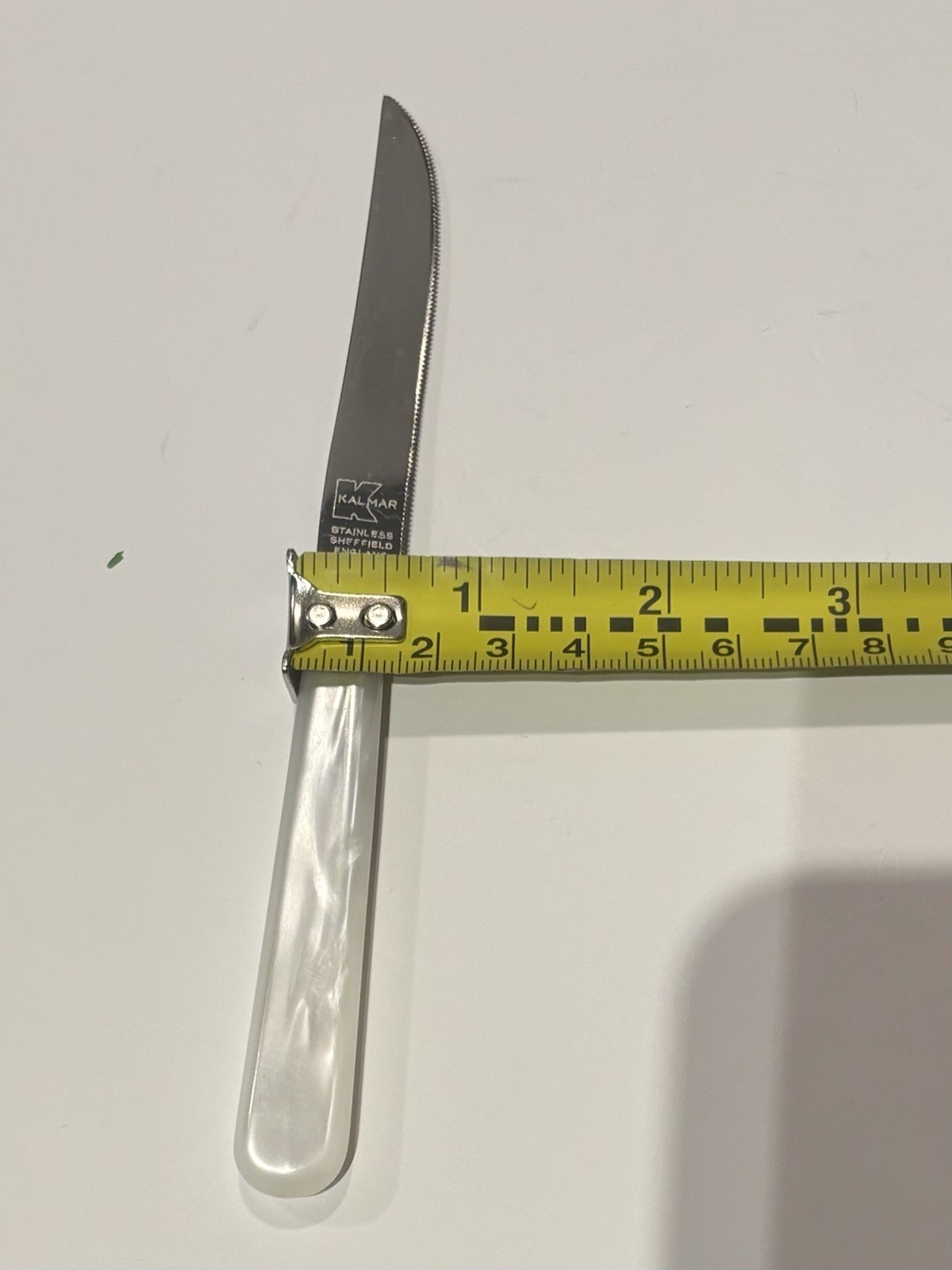 x 11 Vintage KalMar Knives Faux Mother of Pearl Opalescent Handles + Racks As Is