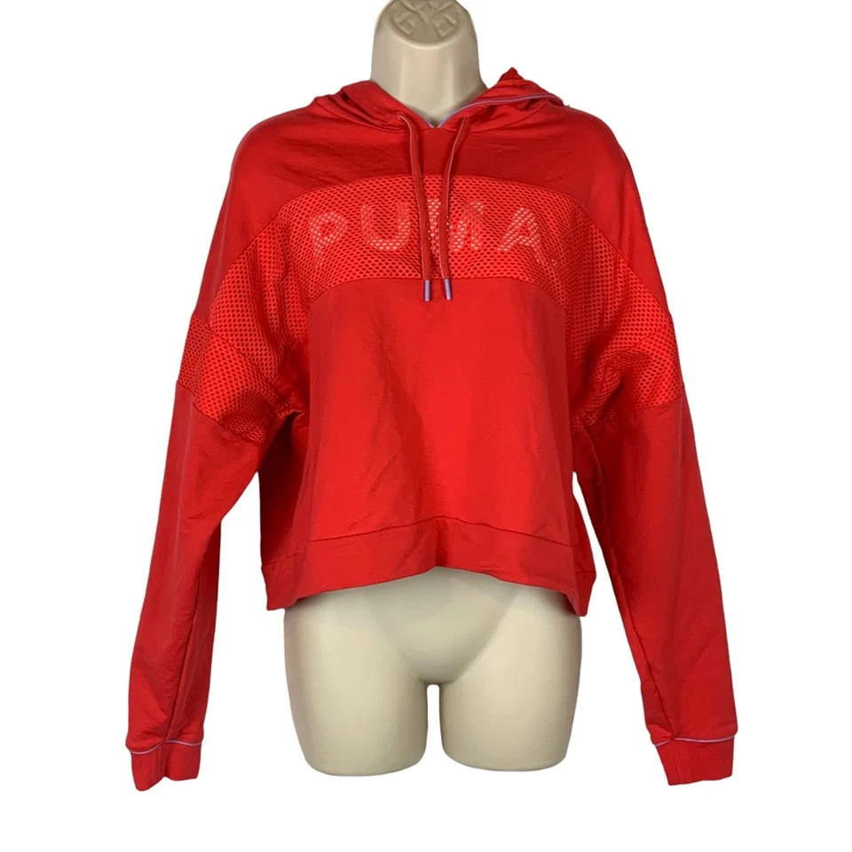 Puma Womens Cropped Hoodie Sweatshirt Pink Long Sleeve Drawstring Pullover XL - Image 4 of 4