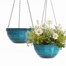 10 Inch Glazed Hanging Planters for Indoor Outdoor Plants, 2 Pack, Blue