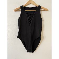 Topshop Black Lace Up V-Neck Sleeveless Ribbed Bodysuit US 4 EUR 36 UK 8