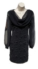 Auana Women Cocktail Party Black Dress Long Sleeve Fit Flare Crowl Neck Size 2