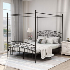 Queen Size Canopy Bed Frame Four-Poster Metal Platform Bed with Headboard and Fo