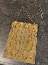 Antique Elegant Golden Art Deco Micro Beaded Clasped Purse With Floral Accents