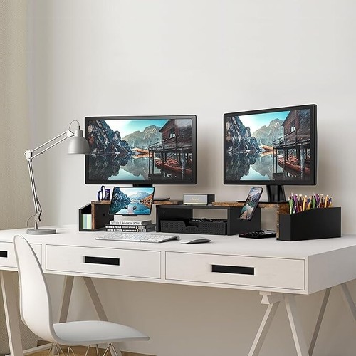 Desk Dual Monitor Stand Riser with Drawer, Rustic Brown - Picture 5 of 5