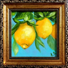 Original Lemon Oil Painting Citrus Fruit Artwork Lemon branches Gold Framed Art