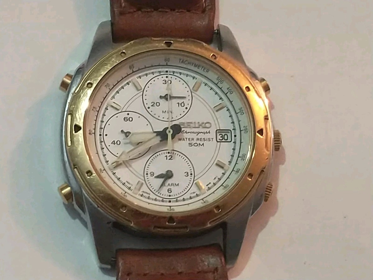 Seiko Chronograph Alarm Watch Two Tone 7T32 6M59 Men's Watch