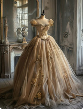 Vintage Champagne Wedding Dresses with Short Sleeves Beaded Tulle Bridal Gowns