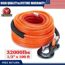 Synthetic Winch Rope 1/2"x100'ft 32000lbs Winch Cable Line Rope Off Road For ATV
