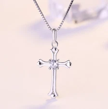 Women's 925 Sterling Silver Cross Crucifix Crystal Pendant Necklace 18" Chain S2