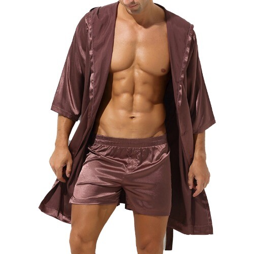 Mens Open Front Hooded Night-robe Satin Pajamas Tops Belted Kimono Half Sleeve - Imagen 27 de 40