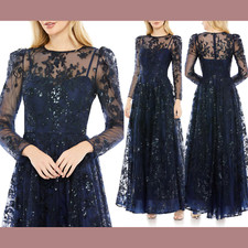 NWT 598 Mac Duggal 14 Embroidered Illusion High Neck A Line Gown Blue Q685