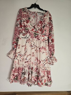 Fashion Nova Floral Ruffle Knee Summer LongSleeve V Neck Dress Pink Combo  1X | eBay