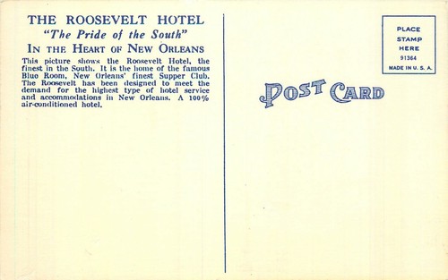 NEW ORLEANS, LOUISIANA - ROOSEVELT HOTEL HEIMAT DES BLAUEN ZIMMERS - LEINEN POSTKARTE ANSICHT - Bild 2 von 2
