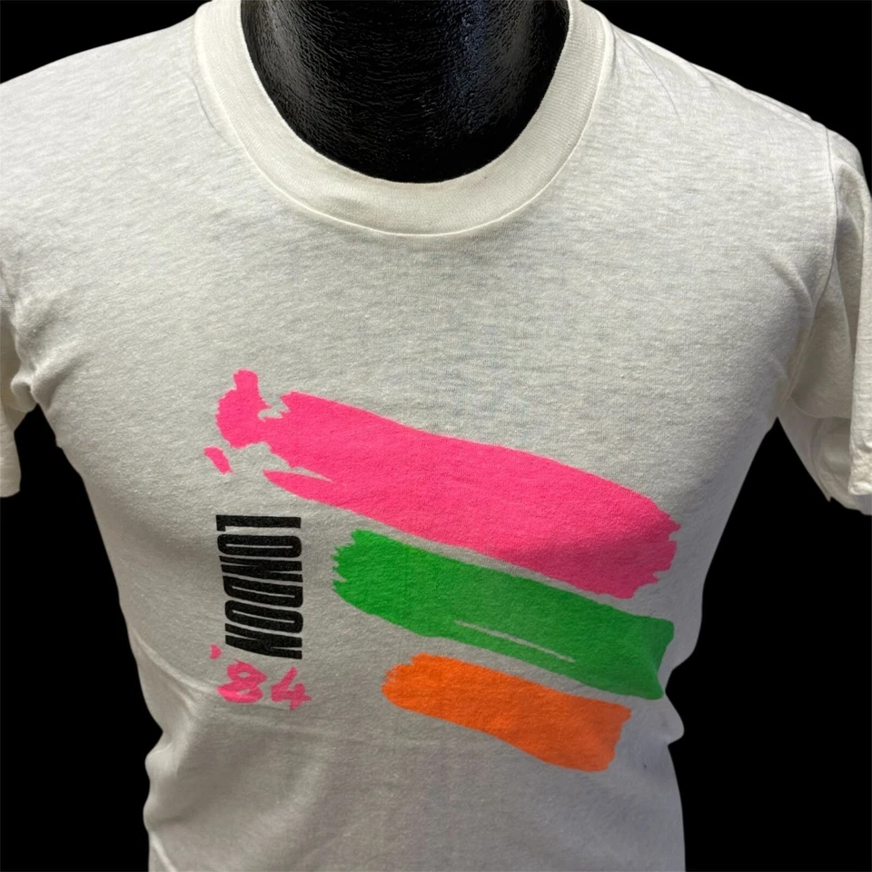 Nueva Camiseta De Colección Años 80 Pantalla Estrellas LONDRES 1984 Pintura Neón Plateado Bloques de Color M Foto 4 de 4