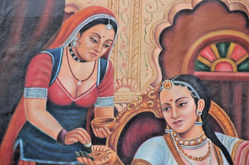 Vintage Oil Painting On CANVAS Rajasthani Woman Applying Heena Handmade Original - Picture 3 of 12
