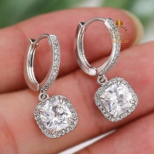 Moissanite Drop/Dangle Earrings Cushion Cut 2.50 CT 14K White Gold Gift For Her - Picture 6 of 9