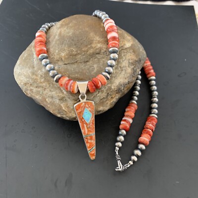 Spiny Oyster & Opal Inlay Pendant Sterling Silver Beads Necklace 11323
