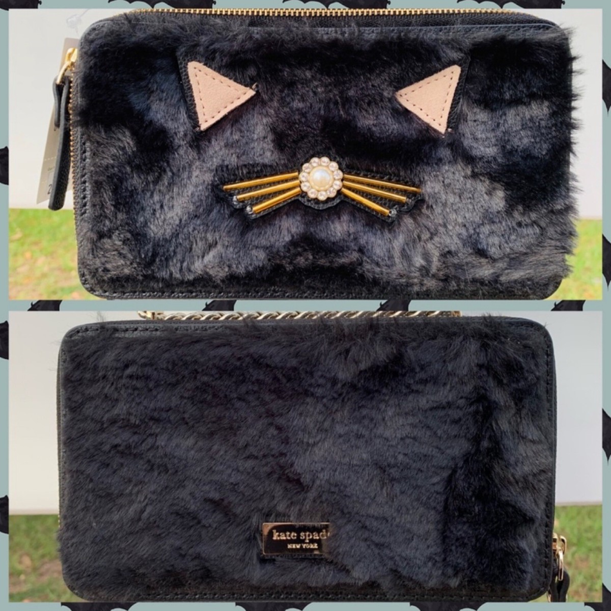 Kate Spade Black Fuzzy Cat Crossbody Brighton Lane Halloween Bag