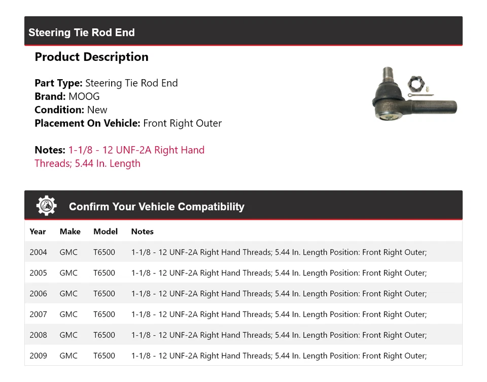 Extremo de barra de dirección exterior delantero derecho MOOG 2004-2009 GMC T6500 2004 2005 Foto 2 de 4