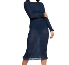 Never Fully Dressed Smocked Bodycon Dress Size 10 Womens Sheer Blue Fitted Midi